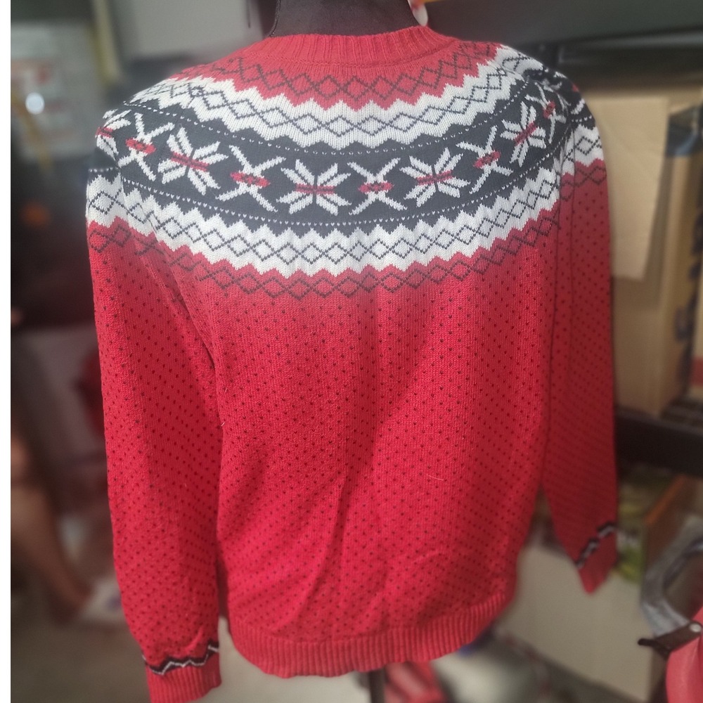 Talbots Red Fair Isle Snowflake Crewneck Sweater Womens Medium Cotton Merino - Picture 2 of 6